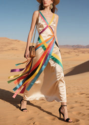 Classy Nude Asymmetrical Patchwork Multicolour Ribbon Silk Sundress Summer