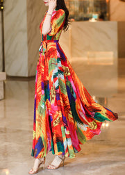 Classy Orange V Neck Print Chiffon Long Dress Summer