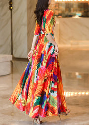 Classy Orange V Neck Print Chiffon Long Dress Summer