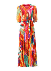 Classy Orange V Neck Print Chiffon Long Dress Summer