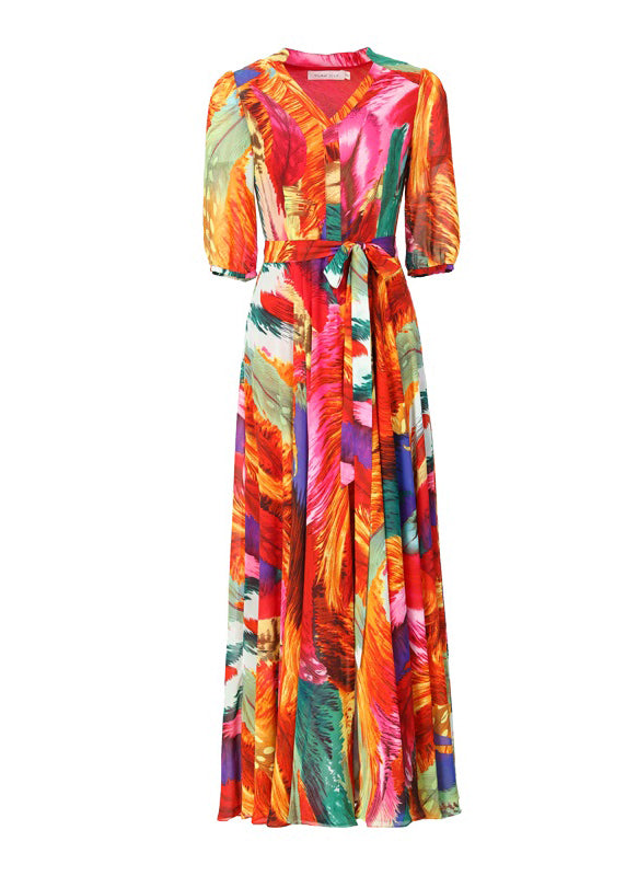 Classy Orange V Neck Print Chiffon Long Dress Summer