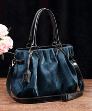 Classy Peacock Blue Large Capacity Wrinkled Calf Leather Tote Bag