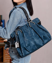 Classy Peacock Blue Large Capacity Wrinkled Calf Leather Tote Bag