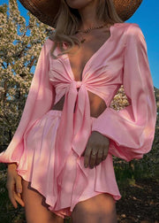 Classy Pink Lace Up Ice Silk Two Pieces Set Summer