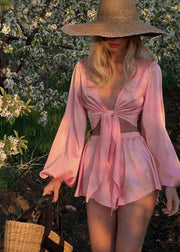Classy Pink Lace Up Ice Silk Two Pieces Set Summer