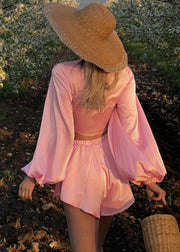 Classy Pink Lace Up Ice Silk Two Pieces Set Summer