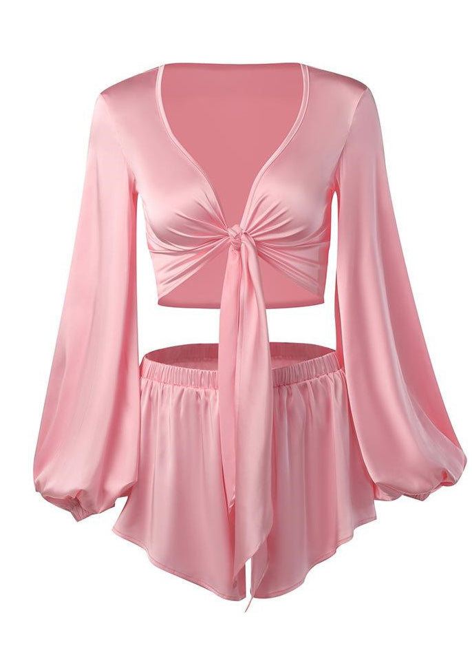Classy Pink Lace Up Ice Silk Two Pieces Set Summer
