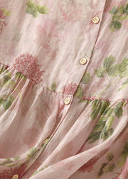 Classy Pink O Neck Print Button Cotton Blouse Bracelet Sleeve