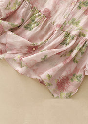 Classy Pink O Neck Print Button Cotton Blouse Bracelet Sleeve