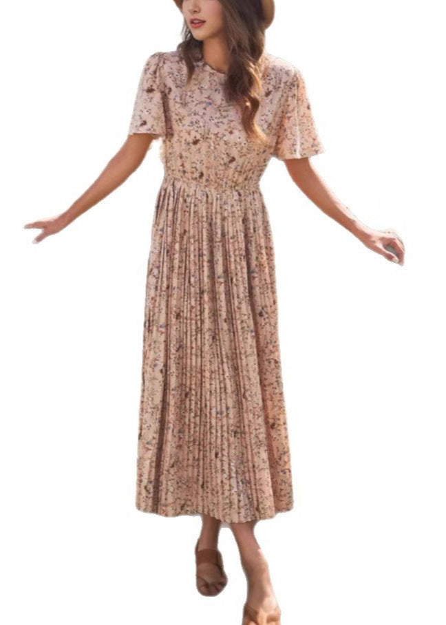 Classy Pink O Neck Print Wrinkled Cotton Long Dresses Summer