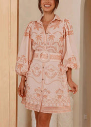 Classy Pink Peter Pan Collar Print Sashes Linen Shirts Dress Spring