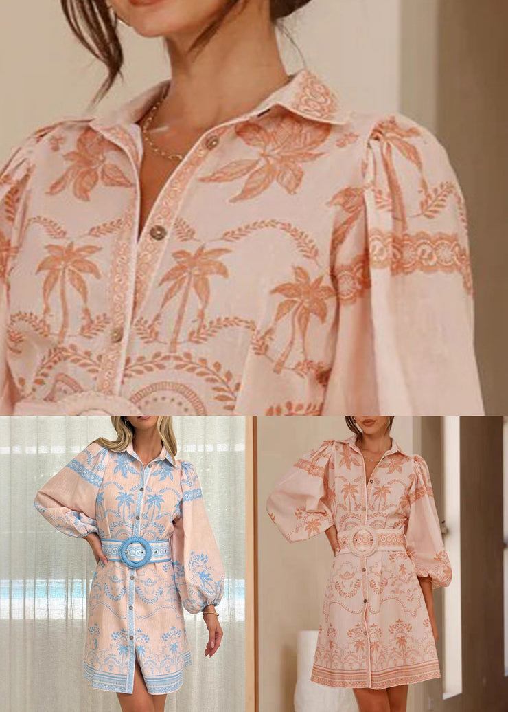 Classy Pink Peter Pan Collar Print Sashes Linen Shirts Dress Spring
