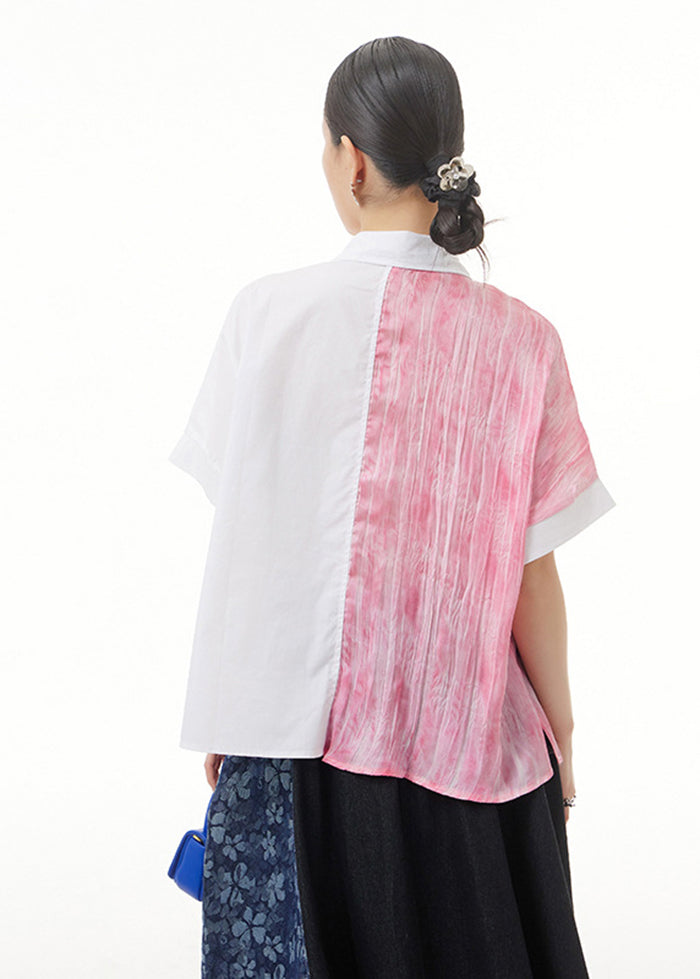 Classy Pink Tie Dye Patchwork Cotton Shirt Tops Summer