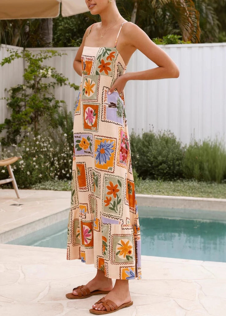Classy Print High Waist Cotton Spaghetti Strap Dress Sleeveless