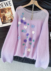Classy Purple Hollow Out Floral Decorated Knit Short Sweater Fall