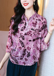 Classy Purple Peter Pan Collar Low High Design Silk Velour Top Bracelet Sleeve