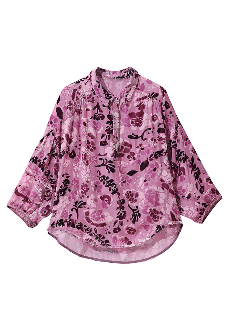 Classy Purple Peter Pan Collar Low High Design Silk Velour Top Bracelet Sleeve
