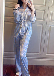 Classy Purple Tasseled Lace Patchwork Ice Silk Two-Piece Set Pajamas Long Sleeve
