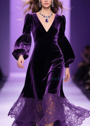 Classy Purple V Neck Lace Patchwork Velvet Dress Fall