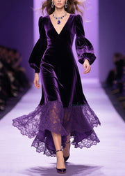 Classy Purple V Neck Lace Patchwork Velvet Dress Fall