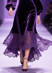 Classy Purple V Neck Lace Patchwork Velvet Dress Fall