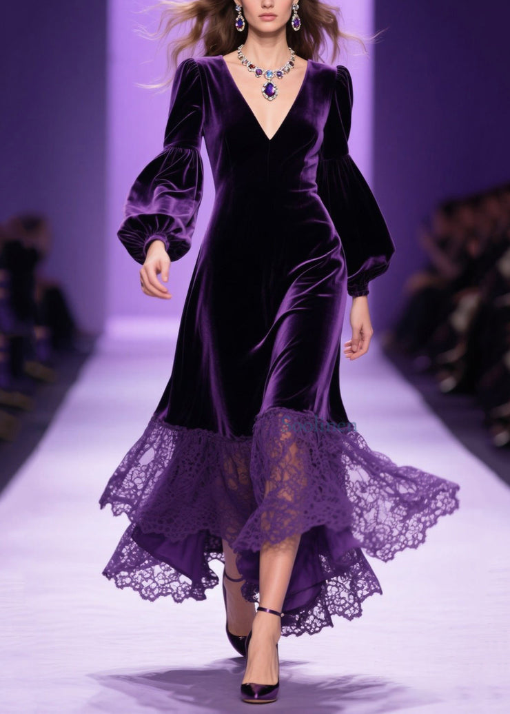 Classy Purple V Neck Lace Patchwork Velvet Dress Fall