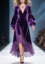 Classy Purple V Neck Patchwork Lace Silk Velvet Robe Dresses Lantern Sleeve