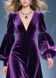 Classy Purple V Neck Patchwork Lace Silk Velvet Robe Dresses Lantern Sleeve
