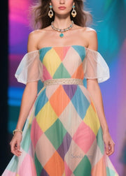 Classy Rainbow Plaid Patchwork Lace Chiffon Strapless Dress Summer