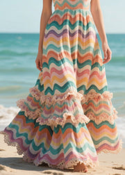 Classy Rainbow Ruffled Striped Chiffon Sun Dress Summer
