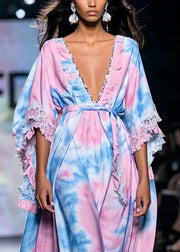 Classy Rainbow Tie Dye Exra Large Hem Chiffon Robe Dresses Summer