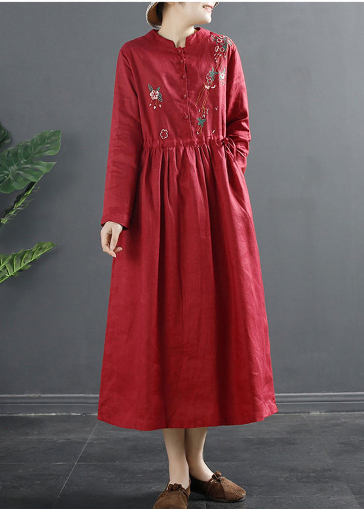 Classy Red Embroidered Linen Cinched Dresses Spring
