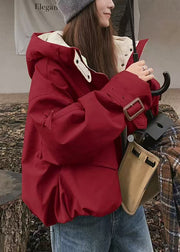 Classy Red Hooded Pockets Fine Cotton Filled Parkas Winter