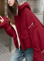 Classy Red Hooded Pockets Fine Cotton Filled Parkas Winter