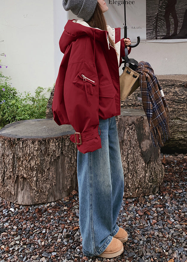 Classy Red Hooded Pockets Fine Cotton Filled Parkas Winter