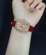 Classy Red Leather Zircon Baby's Breath Waterproof Watches