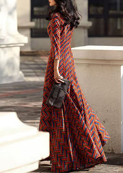 Classy Red O Neck Print Patchwork Corduroy Dress Fall