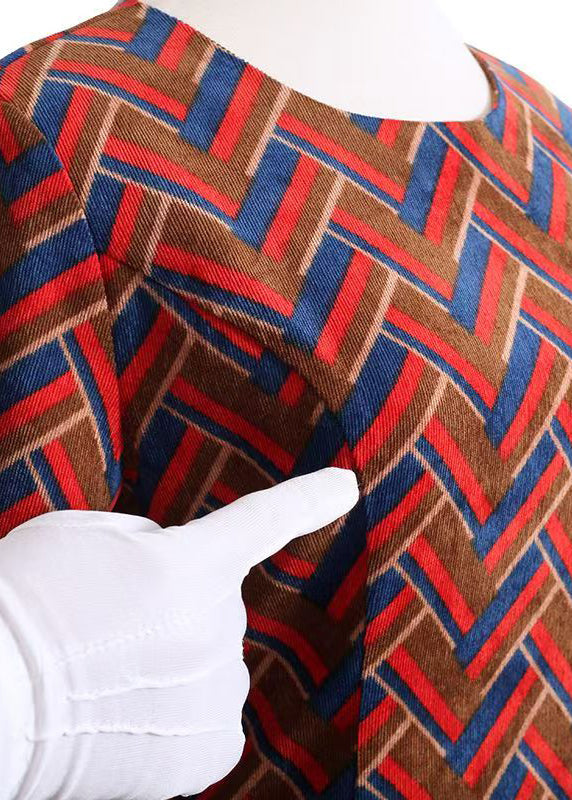 Classy Red O Neck Print Patchwork Corduroy Dress Fall