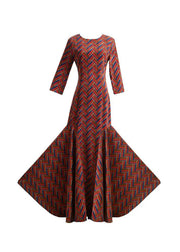 Classy Red O Neck Print Patchwork Corduroy Dress Fall