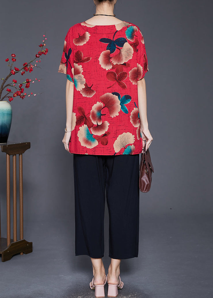 Classy Red Oversized Print Silk Two Pieces Set Summer