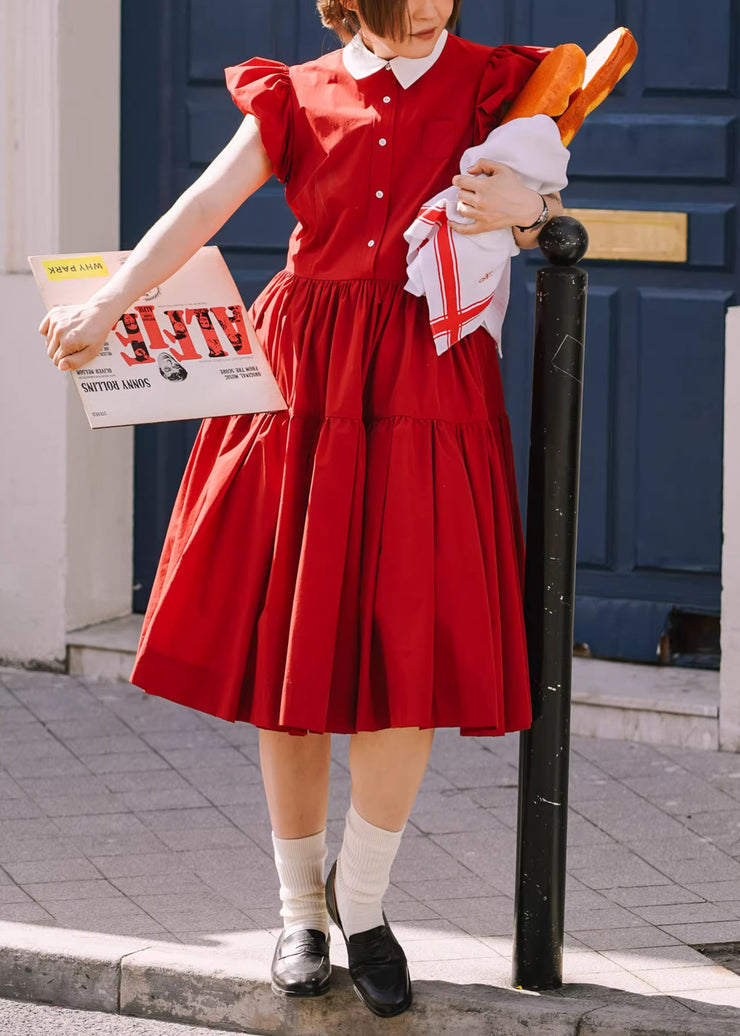 Classy Red Peter Pan Collar Wrinkled Cotton Dresses Summer