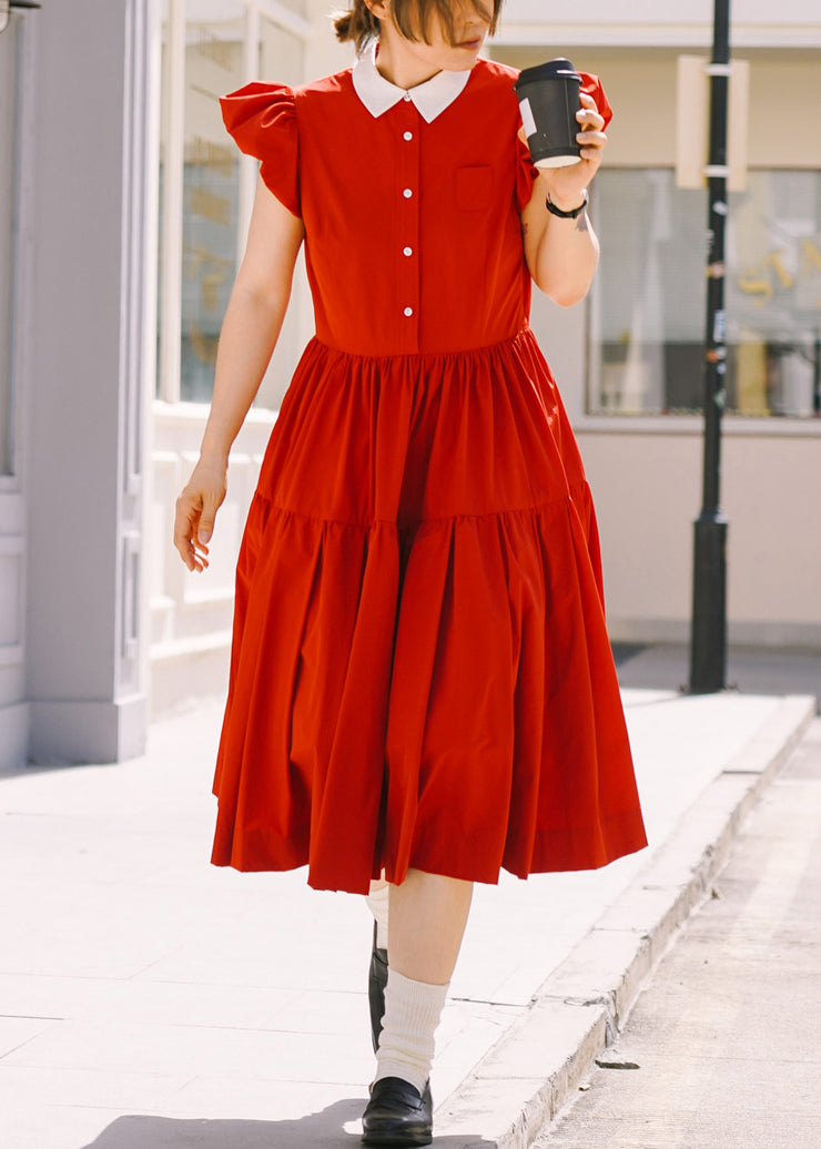 Classy Red Peter Pan Collar Wrinkled Cotton Dresses Summer