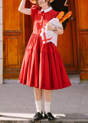 Classy Red Peter Pan Collar Wrinkled Cotton Dresses Summer