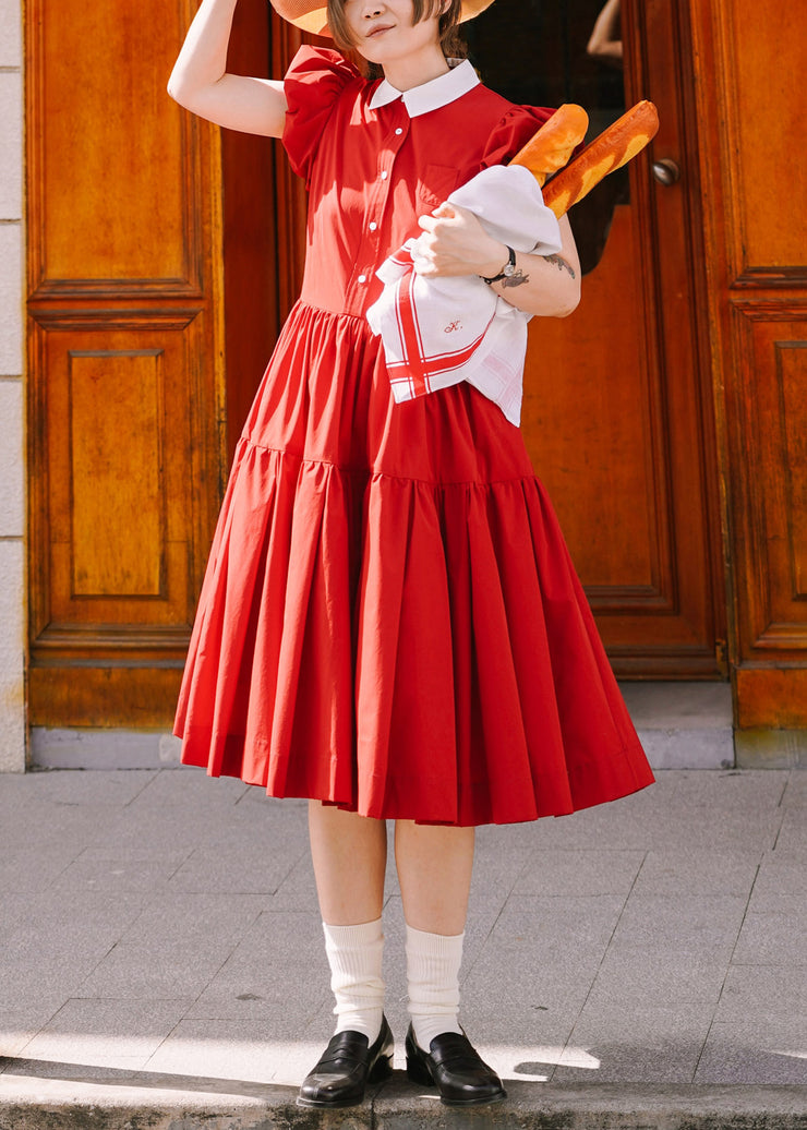 Classy Red Peter Pan Collar Wrinkled Cotton Dresses Summer