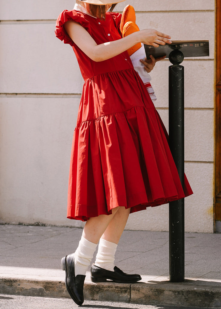 Classy Red Peter Pan Collar Wrinkled Cotton Dresses Summer