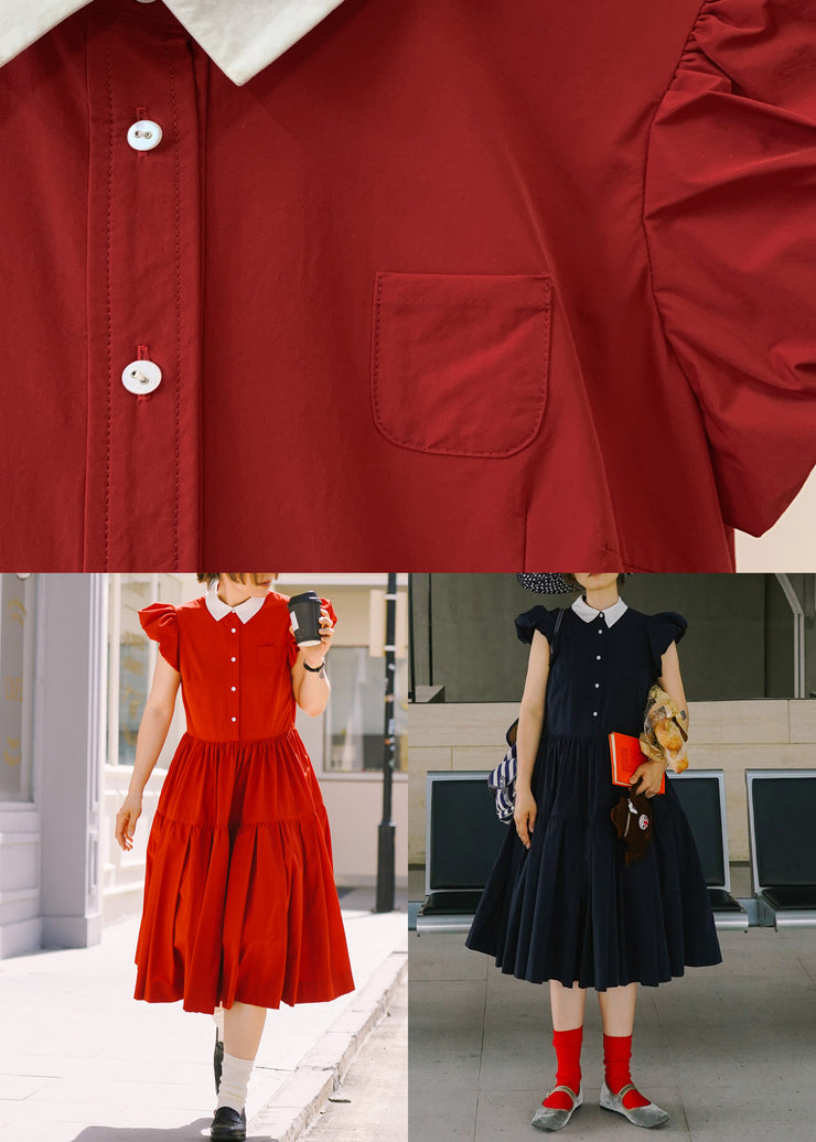 Classy Red Peter Pan Collar Wrinkled Cotton Dresses Summer