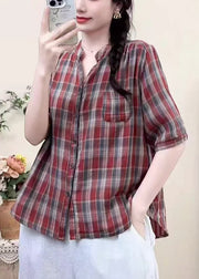 Classy Red Plaid Cotton Shirt Top Summer