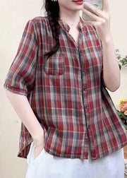 Classy Red Plaid Cotton Shirt Top Summer