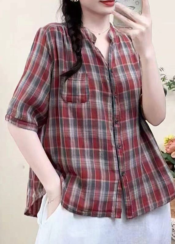 Classy Red Plaid Cotton Shirt Top Summer