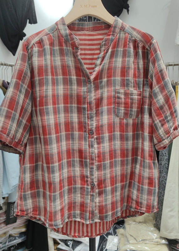 Classy Red Plaid Cotton Shirt Top Summer
